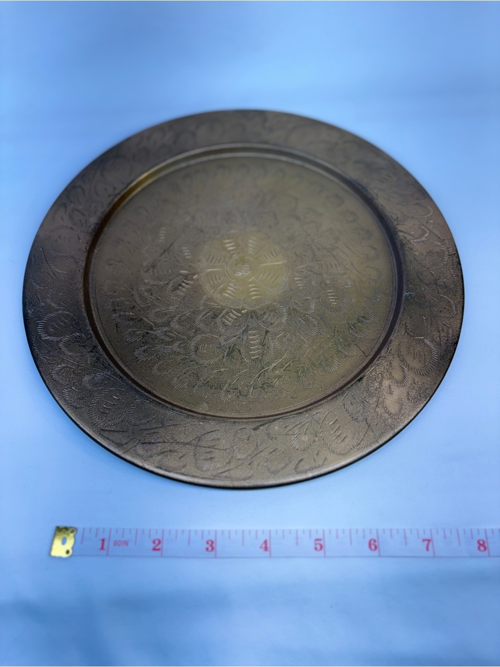 Vintage Hand Etched Brass Charger Plate Floral Wall Hanging Tray